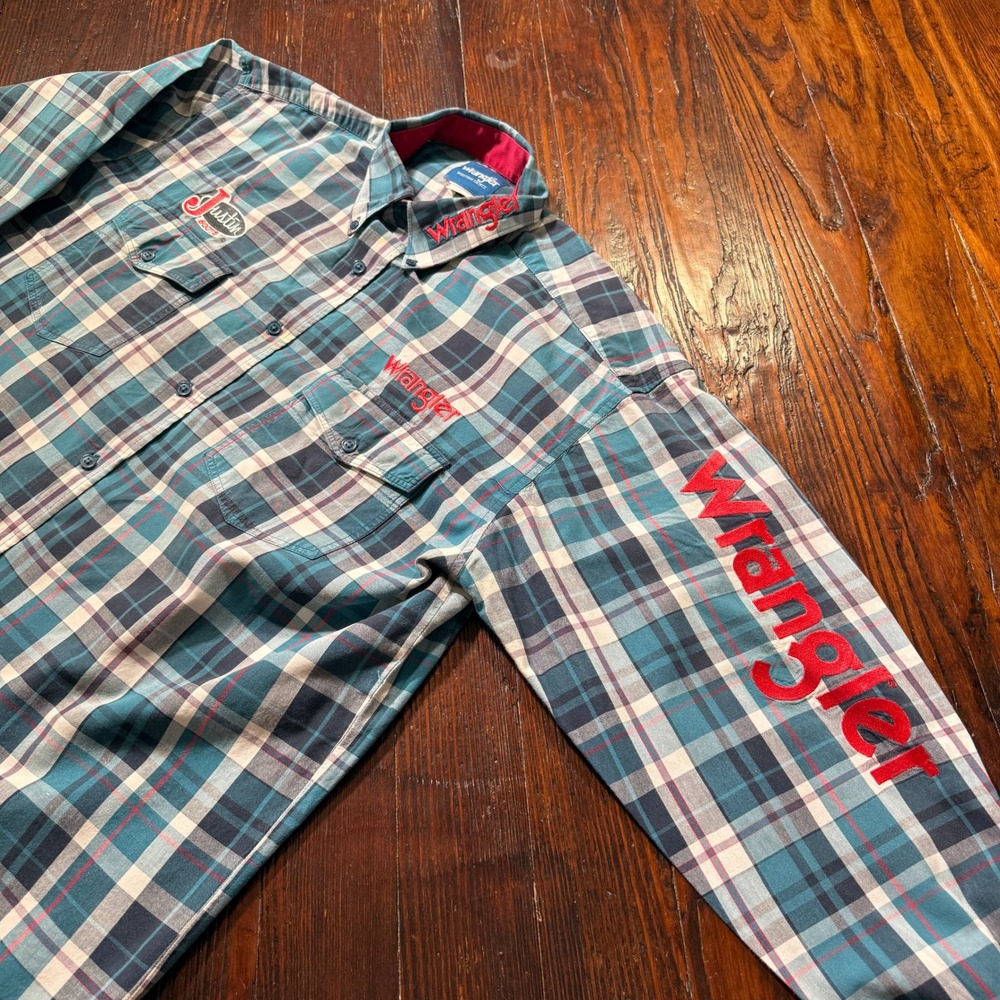 Wrangler x Justin Boots Shirt Mens XL Teal Plaid Western Embroidered Long Sleeve